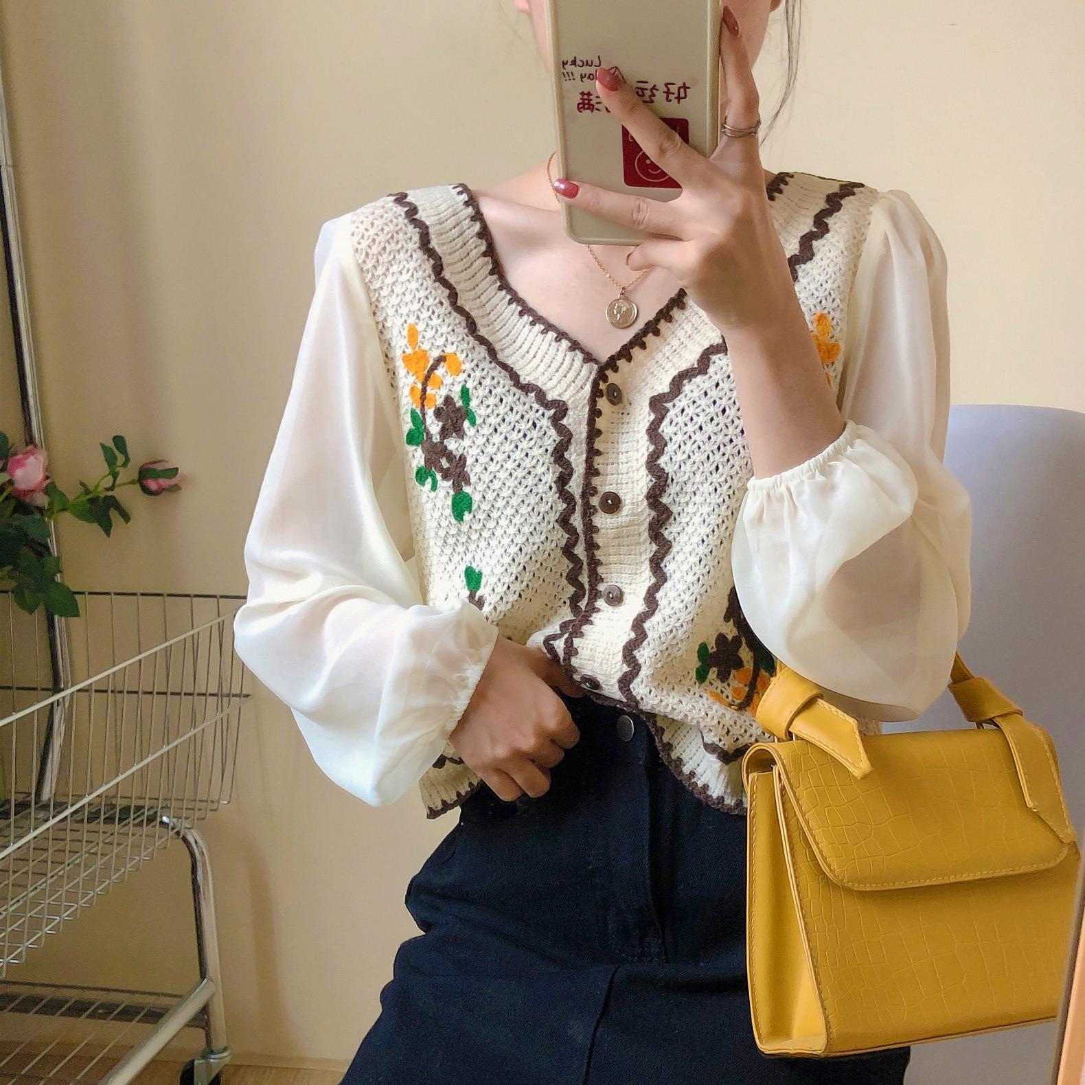 

Блузка крючком с цветочной вышивкой и шифоновым рукавом на пуговицах спереди Кардиган Топ женский сезон весна-лето Fairycore Cottagecore One Size коричневый