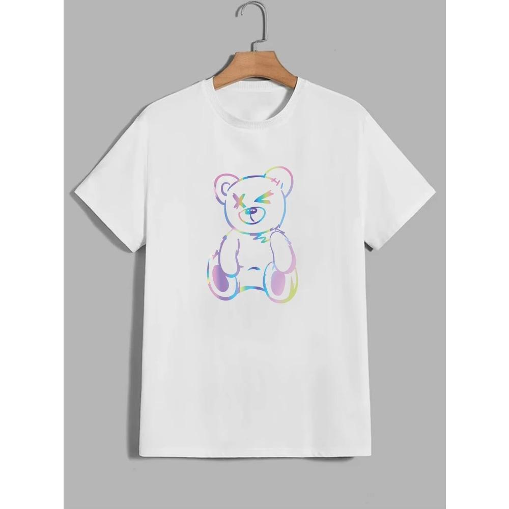 2023 Summer Letter Bear 100% Cotton High Quality Printed T-shirt Harajuku Clothing Leisure Street Fitness T-shirt O-Neck
