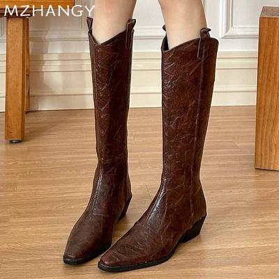 Fashion Women Pointed Toe Leather High Boots Chunky Knee High Shoes Woman 2025 Trend Winter Fashion Low Heels New Motorcycle Boots Mujer