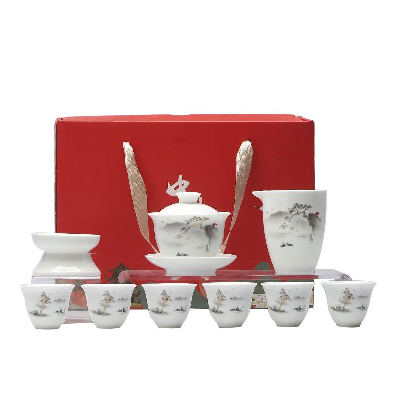 White Porcelain Ceramic Kung Fu Set for Home Use, Living Room Gaiwan Tea Cup, Gift Box with Custom Logo