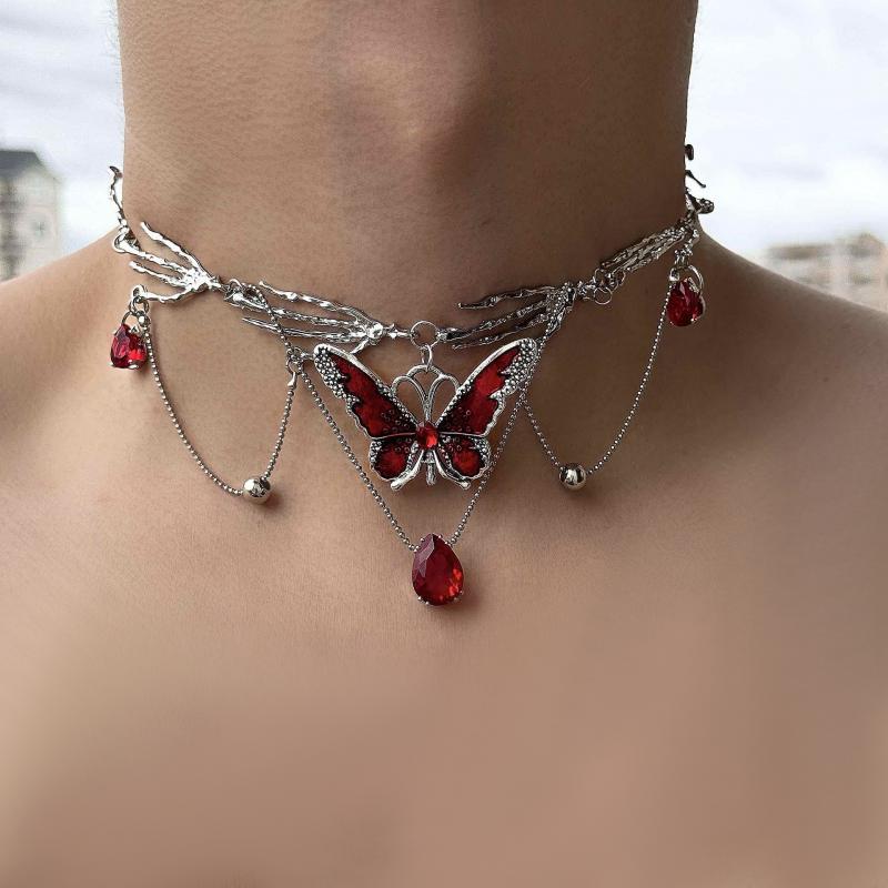 Gotischer Roter Kristall Schmetterling Anhänger Silber Geisterkralle Kurze Choker Kette Halskette für Frauen Punk Y2K Anhänger Schmuck Zubehör