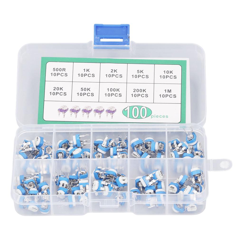 100 Pcs Variable Resistor 10 Values 500R To 1M RM065 Blue White Trimmer Potentiometer Assortment Kit