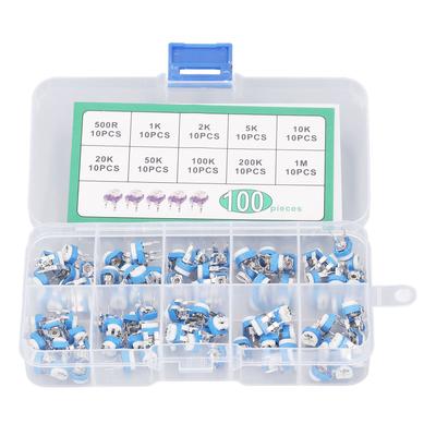 100 Peças Resistores Variáveis 10 Valores 500R a 1M RM065 Azul Branco Trimpot Potenciômetro Sortido