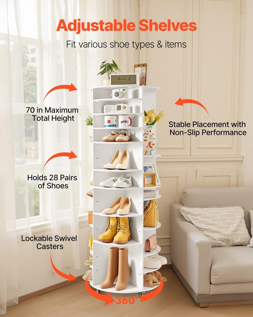 7 Tier Rotating Shoe Rack Tower with Adjustable Shelves, Movable 360° Spinning Carousel Display with Wheels, Lazy Susan Organizer Closet for Bedroom,