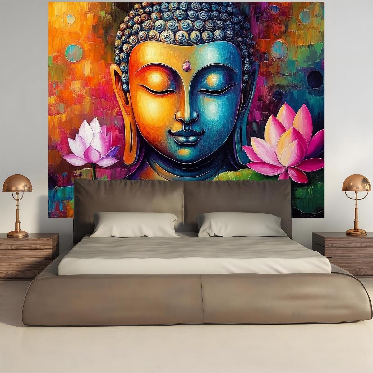 VIKAMA oil painting style colorful Buddha head tapestry Zen lotus background cloth living room background wall room decoration 74x94cm(29x37in)