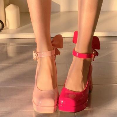 High Quality Women's Platform Mary Jane Shoes Buckle Strap Pink Bow Lolita Women's Heeled High Heels Women's Sweet Cosplay Pumps