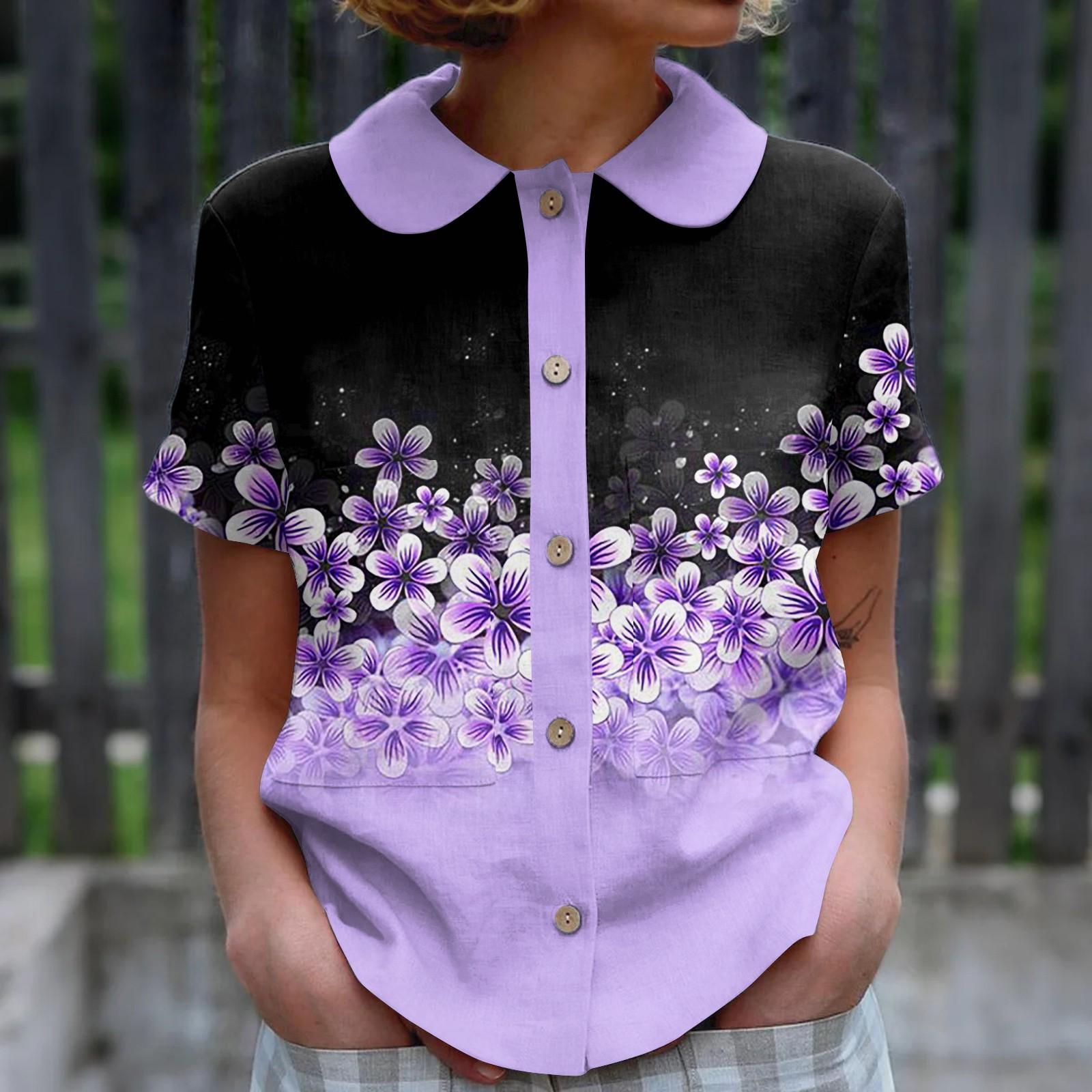 Women s Casual Fashionable Printing O Neck Button Short Sleeved Top L фиолетовый
