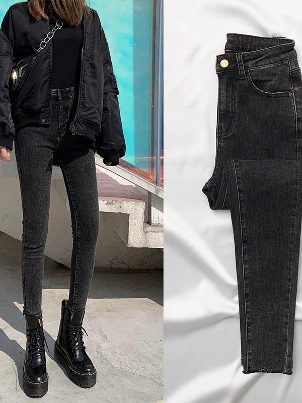2024 Herbst/Winter Damen High Waist Schlanke Graue Samtjeans - Schlankmachende Bleistifthose für zierliche Figuren