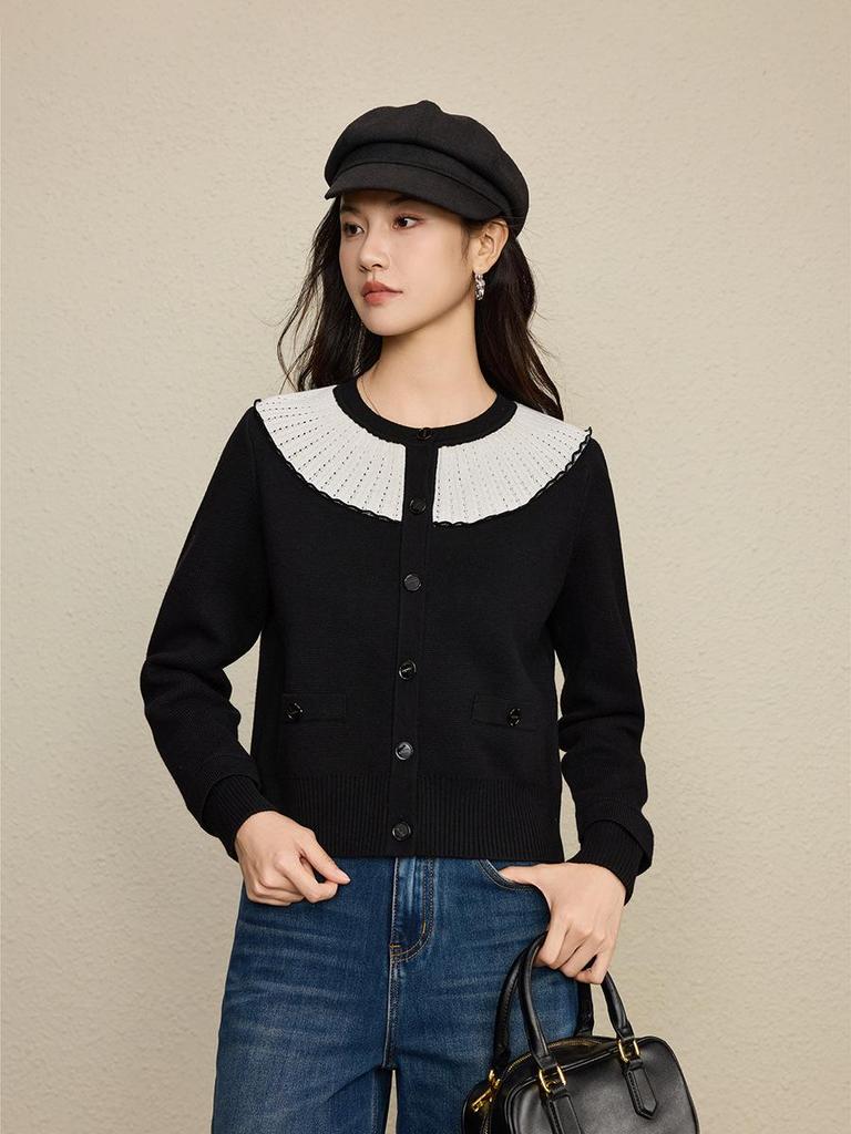 French Style Wool Knit Cardigan with Ruffle Collar, Sweet Contrasting Colors, 2025 Autumn/Winter Collection