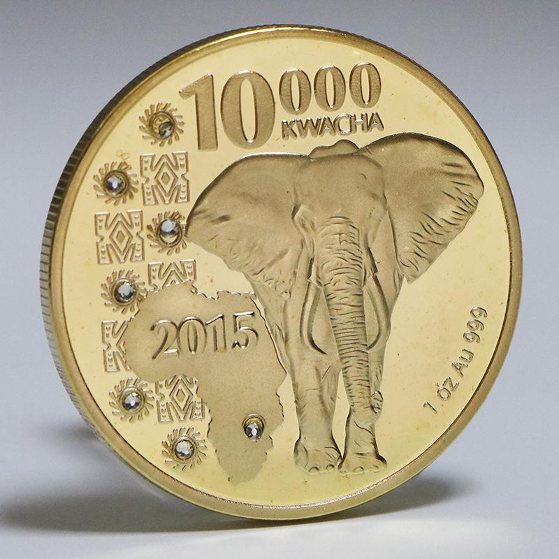 African Zambian commemorative coin, inlaid with leopard gold coins, wildlife elephant commemorative coins, foreign currency, coins