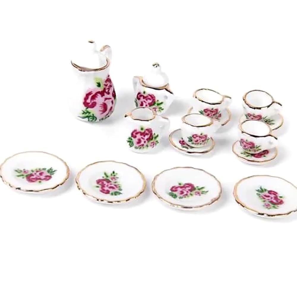 

moin moin Miniature 112 Scale Dollhouse Dishware 15-Piece Set Ceramic Accessories Decorative Interior Flower Pink Cutlery Pot Tea Cup Doll Figure