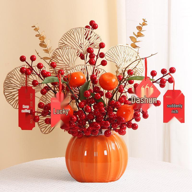 Luxurious Chinese-Style Pomegranate Fruit Arrangement: Faux Red Berries & Flowers for Living Room or Restaurant Decor