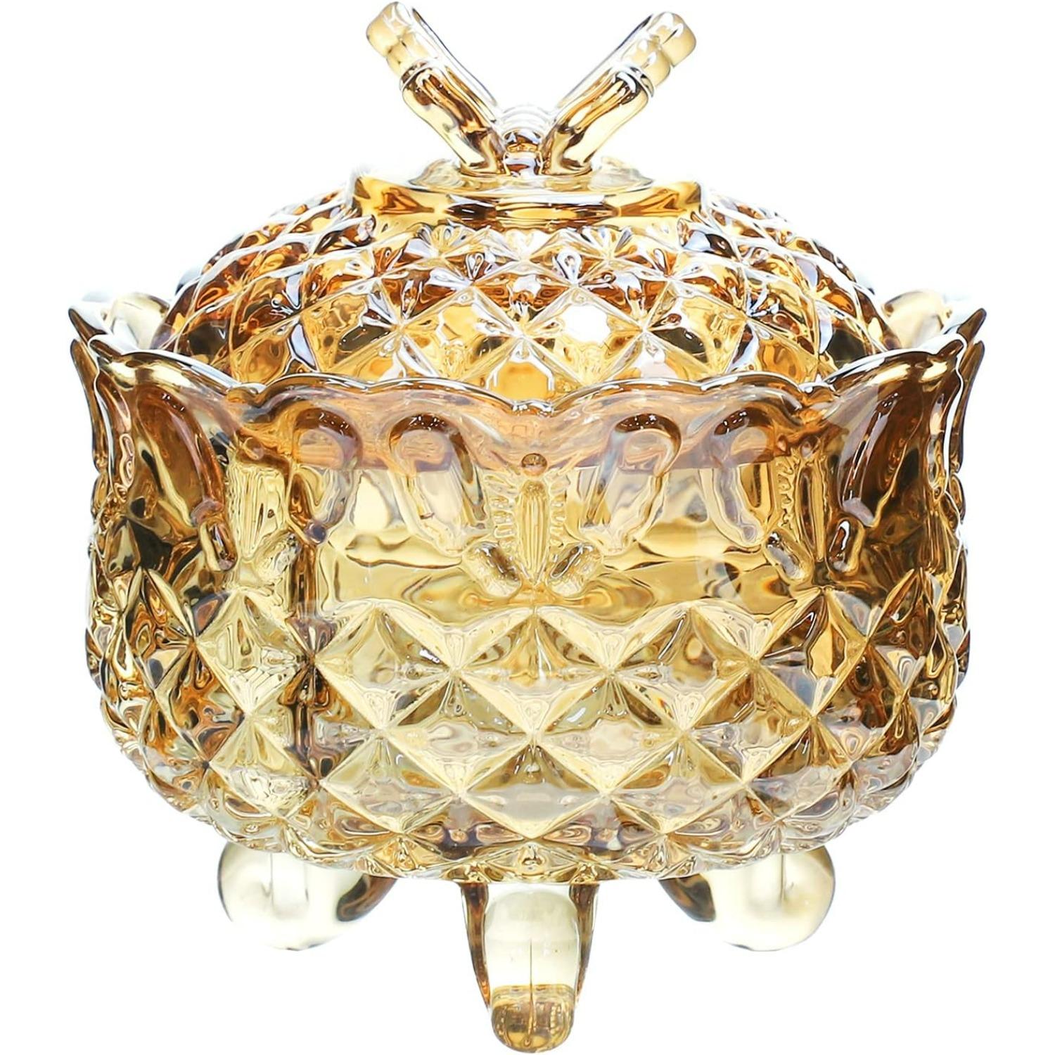 Royal Embossed Crystal Glass Candy Box with Lid Footed Jewelry Box Candy Jar Bowl Wedding Candy Buffet Jars Kitchen Storage Jar, 10 oz Amber