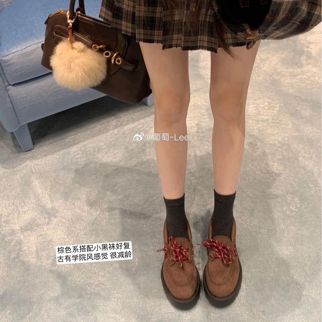 Spot second hair! Grape mother same shoes British style cowhide lace-up thick heel heightening small leather shoes loafers women's autumn