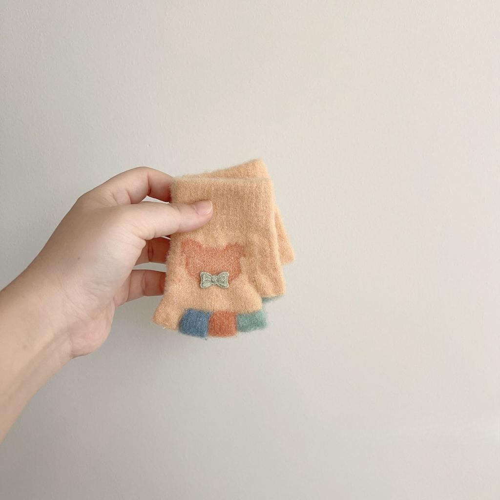 Baby Sticky Bow Mickey Half Finger Autumn and Winter Cute Baby Gloves Warm Knitted Gloves