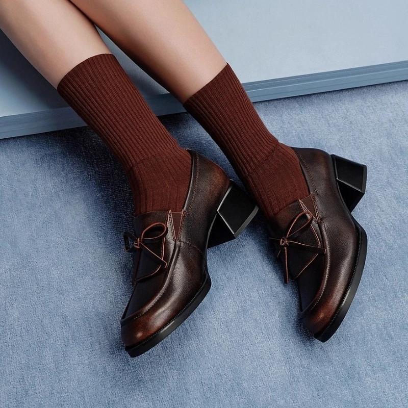 Retro Brown Bow Decorate High-Heel Pumps for Women Fashion Round-Toe Sewing Designer Shoes British-Style Chunky Heel Loafers