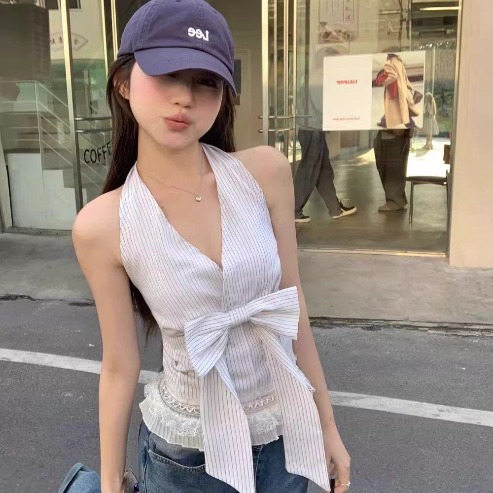 Pure desire wind V-neck striped neck sling vest women's summer spice girl design sense bow slim top