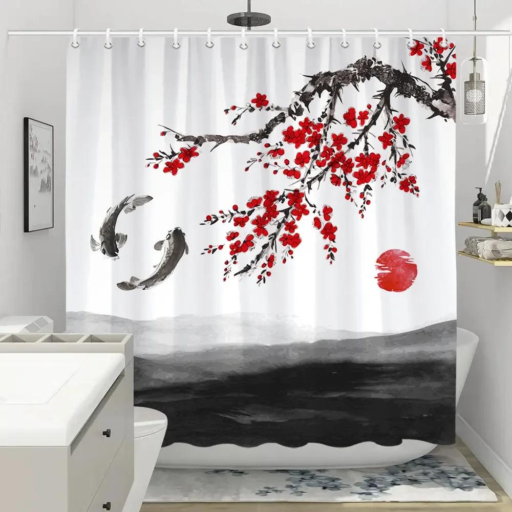Shower Curtain Red Plum Blossom Branch Japanese Chinese Oriental Sun Misty Mountains Ink Nature Landscape Bathroom Curtains