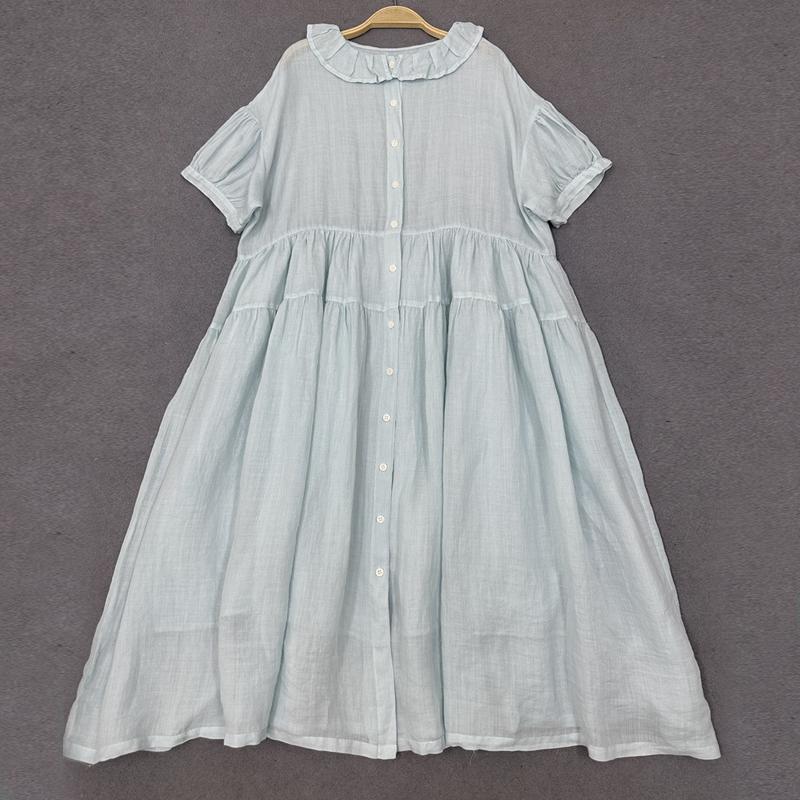 Johnature Japanese Ruffle Neck Dress Women Summer Mori Women Loose Casual Simple Solid Color Dresses