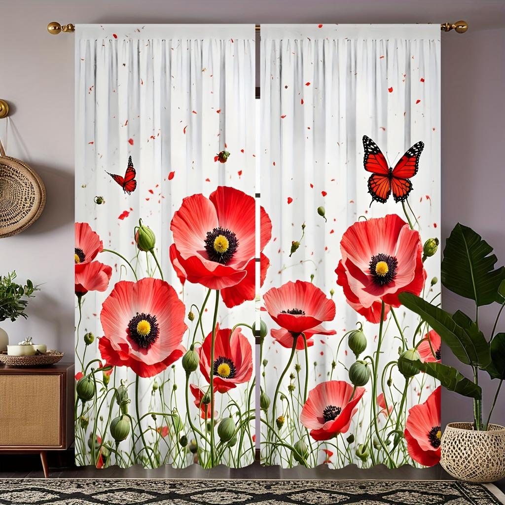 Tende con Papaveri Rossi 2pz – Stampa Realistica Fiore e Farfalla, Decorazione Giardino Romantico per Soggiorno e Camera da Letto