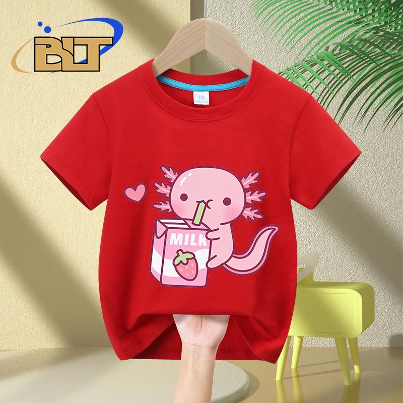 Cute Axolotl Loves Strawberry Milk Doodle printed kids T-shirt summer pure cotton short-sleeved casual tops for boys and girls