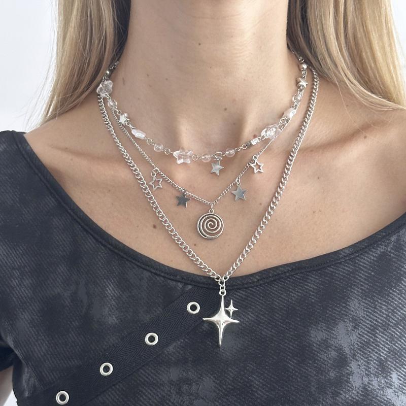 Fashion Metal Star Pendant Necklace For Women Punk Hip Hop Silver Color Multi Layered Pentagram Tassel Necklace Y2K Jewelry Gift