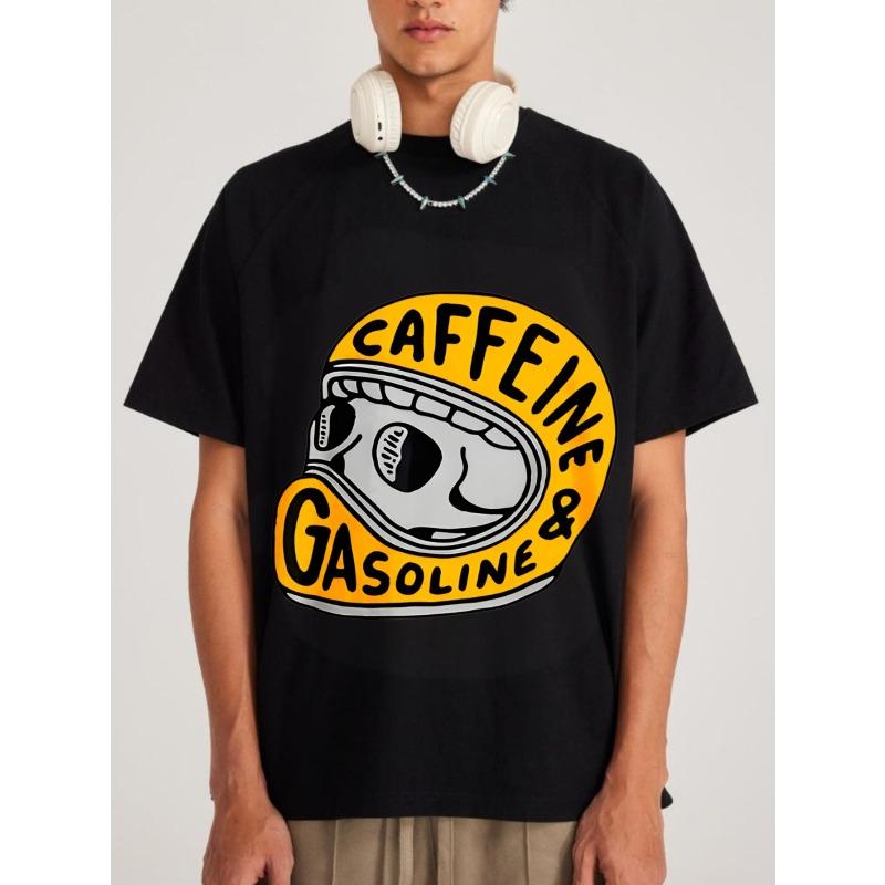 Kofein a benzín Tričko Černý potisk lebky Ležérní streetwear Pánský top pro každodenní nošení a městský styl