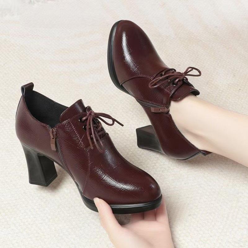 2025 new lace-up women's shoes medium heel single shoes non-slip thick heel fashion spring and autumn mother shoes women's British small leather shoes