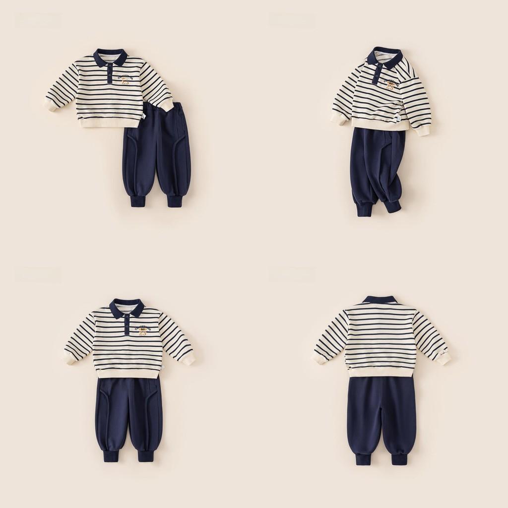 Boys Striped Cotton Kids Sweater Pants Set With Letter Cartoon Prints For Autumn Playtime