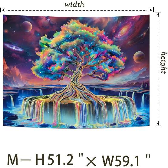 Obsecolors Blacklight Tree of Life Tapestry UV Reactive Waterfall Tapestry Galaxy Space Aesthetic Tree Wall Tapestries Colorful Starry Sky Tapestries