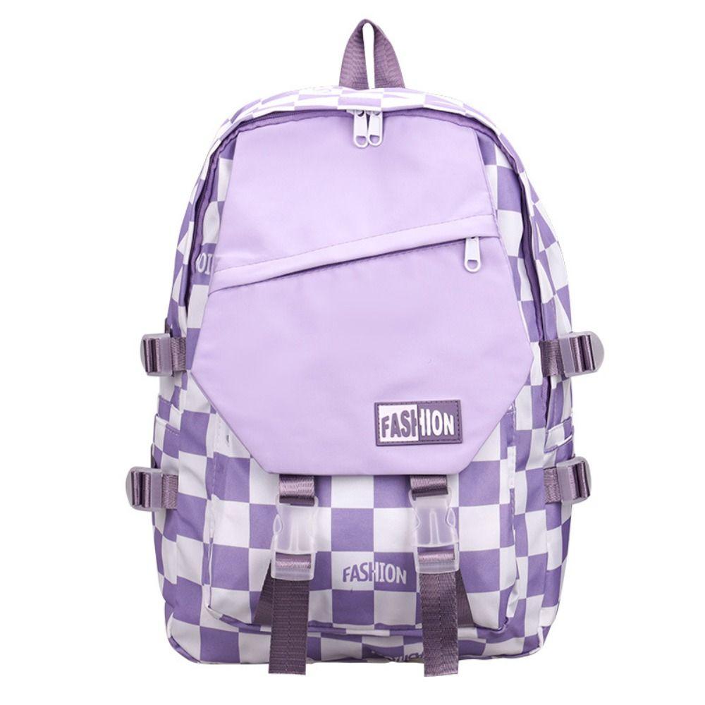 Multi-pocket Plaid Pattern Backpack Nylon Students School Bags  College Students фиолетовый