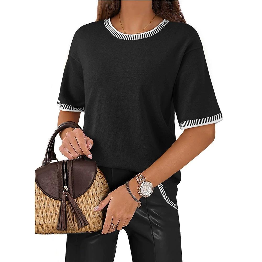 Color Contrast Ribbed Round Neck Short Sleeve Knit Pullover Sweater For Women