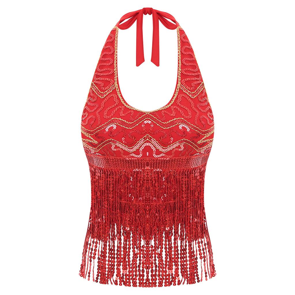 Essential Training Top for Belly Dancers: Supportive Halter Crop Top with Sequins, Lace-up Back & Tassel Details