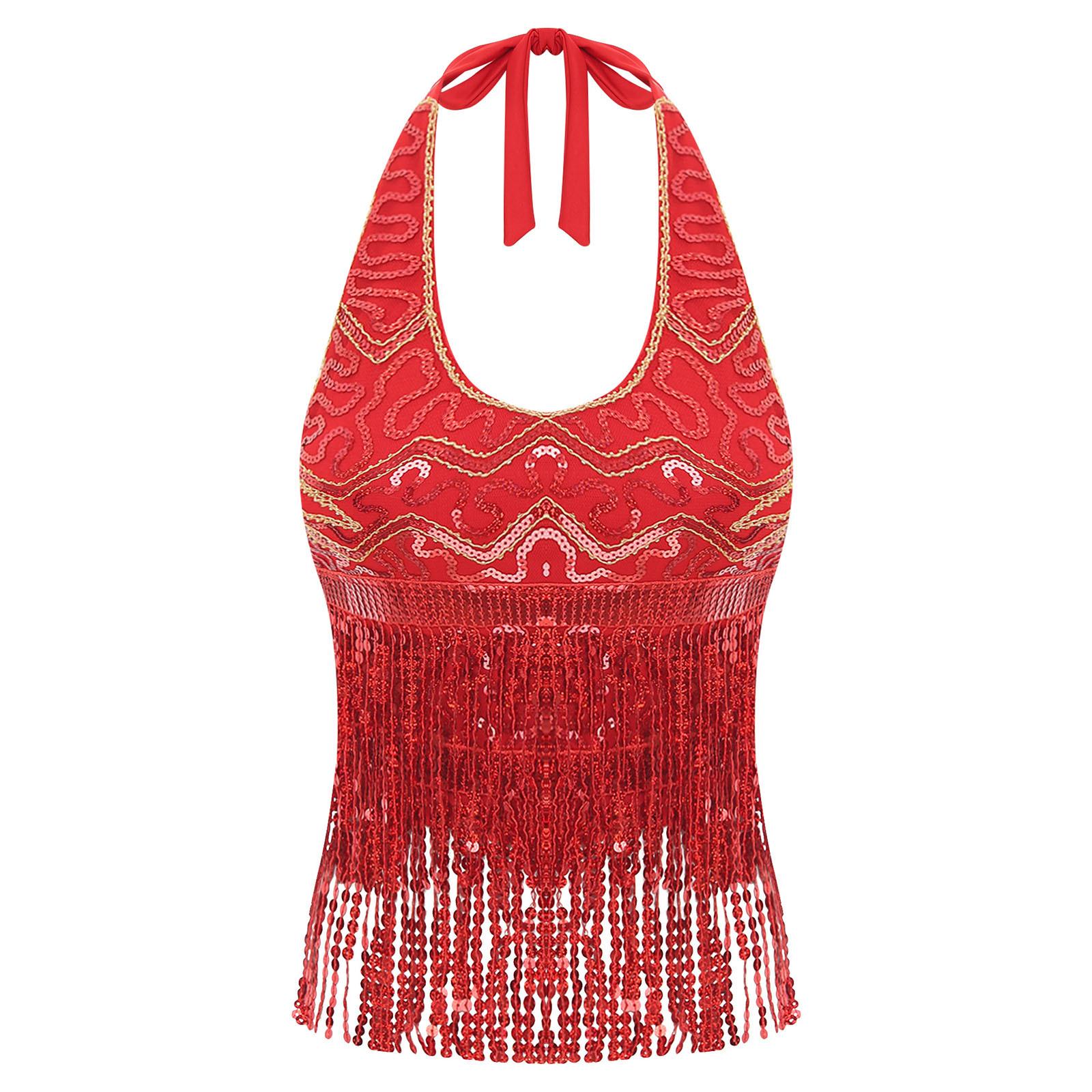 

Женский бюстгальтер для танца живота, топ с бретелькой через шею, шнуровка, пайетки, кисточки, укороченный топ для выступления на Хэллоуин One Size красный