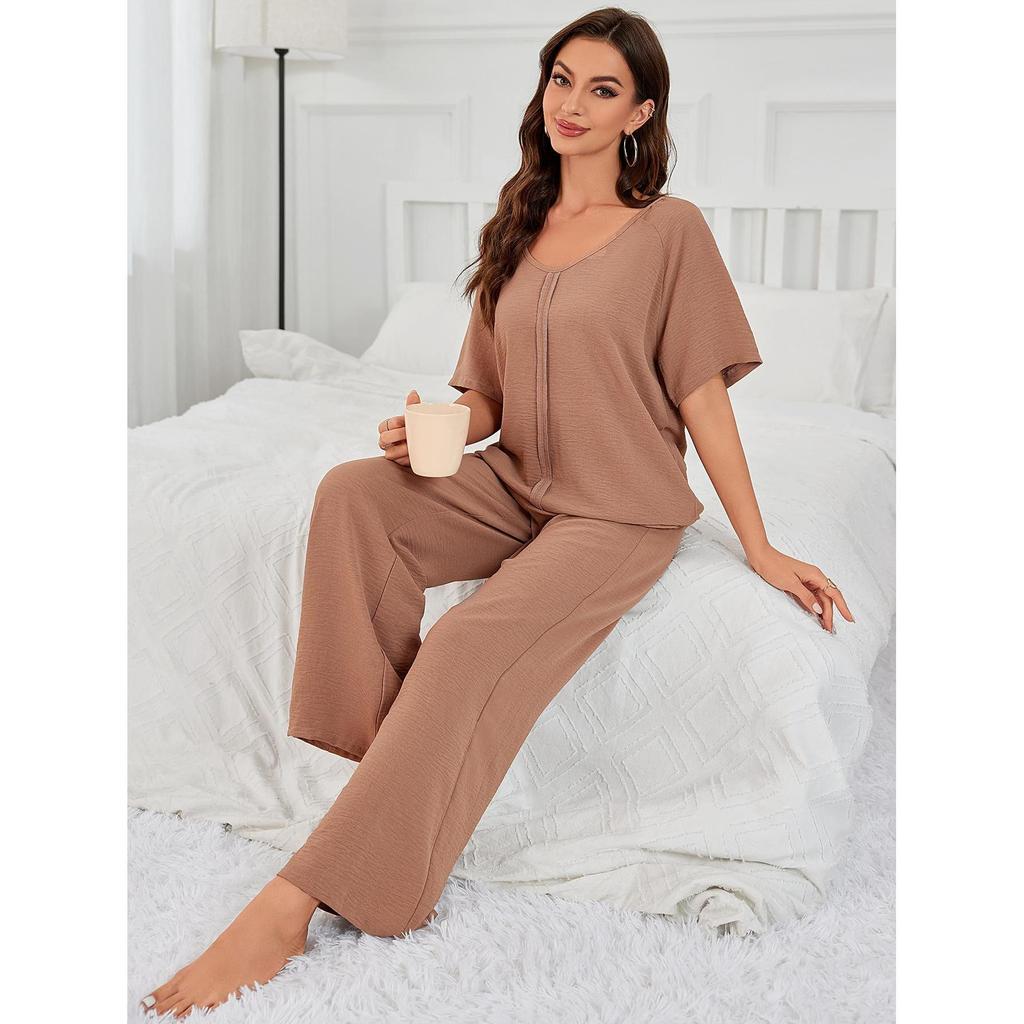European and American loungewear set spring and autumn solid color short-sleeved pajamas pajamas two-piece nightwear