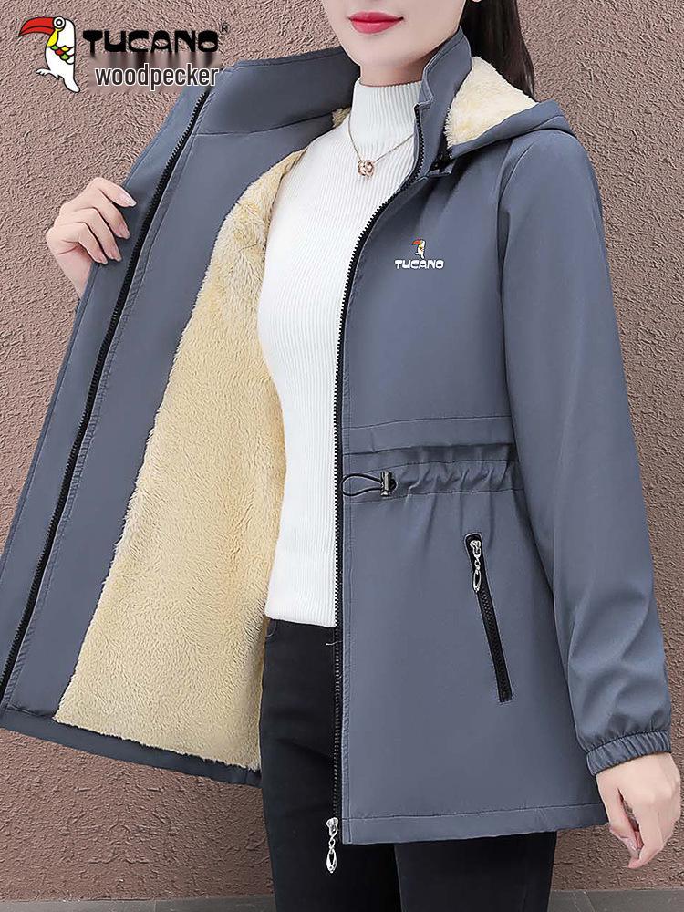 Women's Mid-length Hooded Windproof Fleece-Lined Jacket - Autumn/Winter 2025 Style