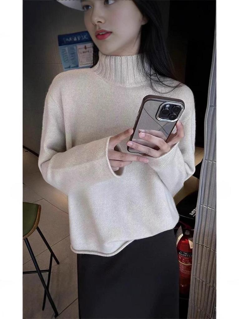 Women's High-Neck Pure Wool Sweater - Long Sleeve Knit Top for Fall/Winter