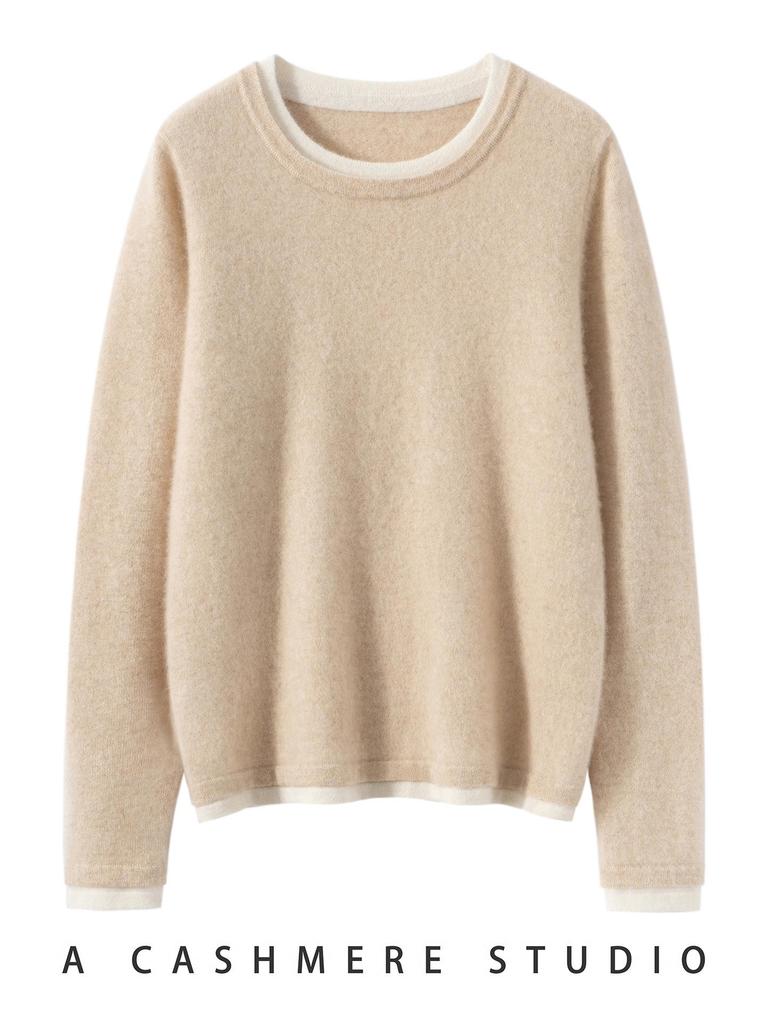Women's 100% Cashmere Slimming Round Neck Color Block Two-Piece Look Knit Sweater