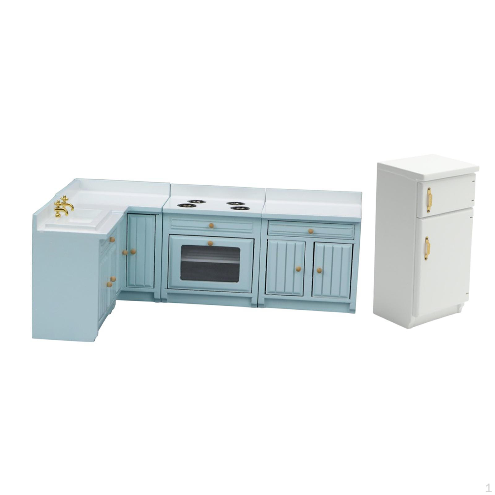 

Миниатюрная мебель для кукольного домика 1/12, Кухонный набор, Шкаф, Обеденный стол, Раковина, Столешница, Набор с холодильником синий