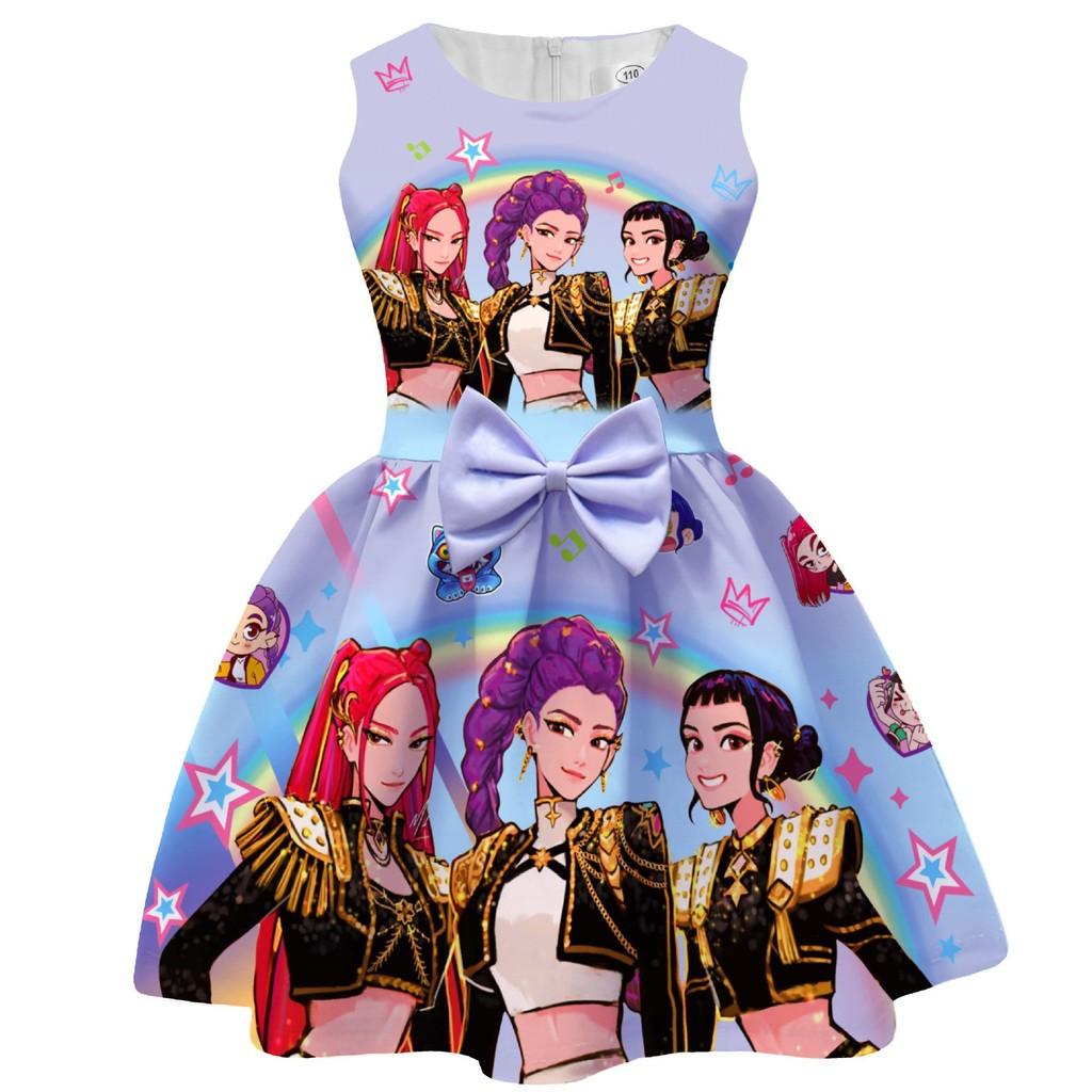 Kinder Mädchen Film POP Rumi Zoey Mira Print Ärmellos Schleife Lässig Party Prinzessin Kleid