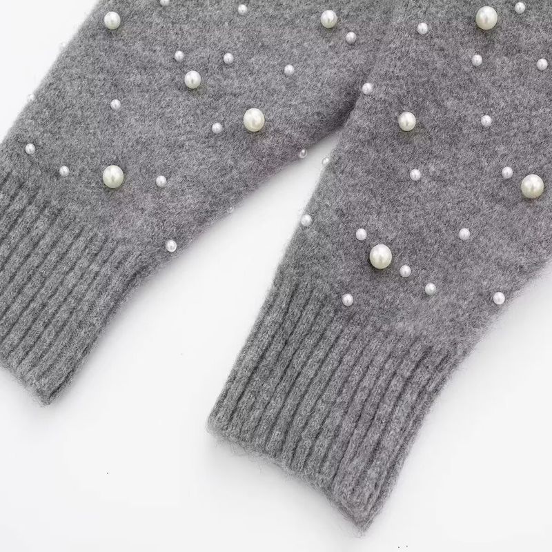 Kaslead New Women clothes Western Style Artificial Decorated Pearls Knitted Bomber jacket Outerwear