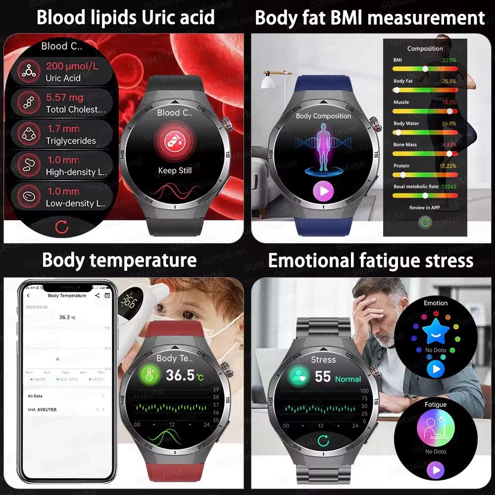 2025 Nové Zdraví Neinvazivní AI Diagnostické Chytré Hodinky EKG TK Pánské Tři Vysoké Kyselina Močová Krevní Tuk Bluetooth Hovor Chytré Hodinky