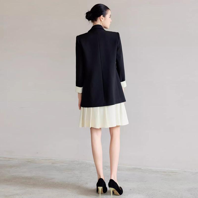 Korean Style Black & White Colorblock Pleated Dress - Women’s Fashionable Casual Spring/Summer Two-Piece Set