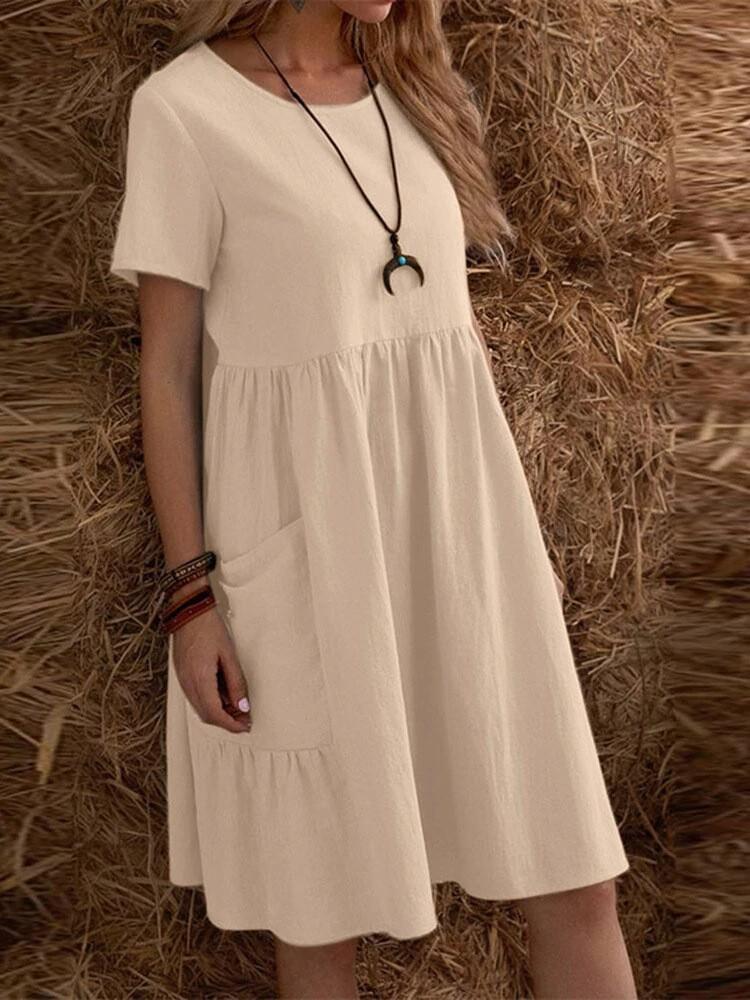2026 Retro Lockeres Taschen-Einfarbiges Baumwoll-Leinen-Kleid für Damen