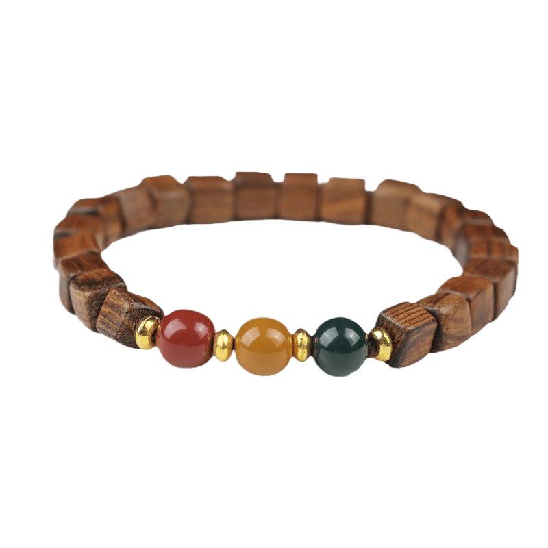 Tricolor Black Pear Sandalwood Cube Bead Bracelet with Ethnic Style