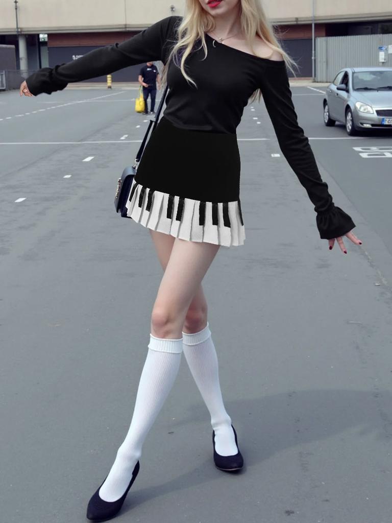 Vintage Y2k Pleated Mini Skirt Women Harajuku Female Fashion  Piano Patchwork Streetwear Skirts Clothing