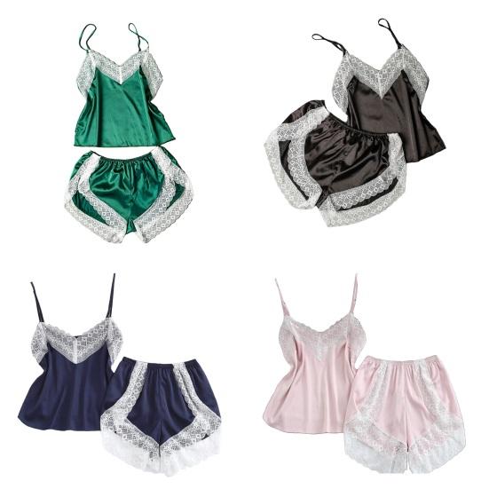 Lace Trim Pajama Set for Women 2 Piece V Neck Sleeveless Cami Tank Top And Shorts Pjs Set Summer Sexy Lounge Sleepwear