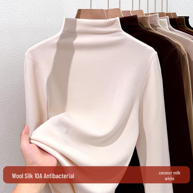 Silk Half-High Collar Women's Base Layer: 2025 Autumn/Winter Velvet Lambswool Warm T-shirt.