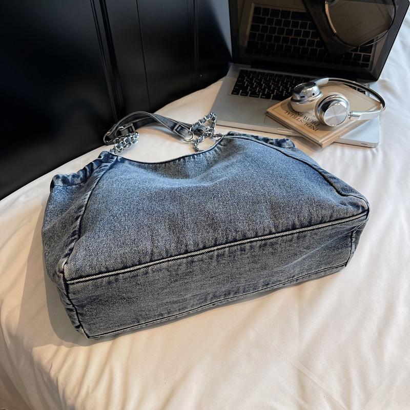 Large Capacity Tote Bag Women's Commuter Denim Shoulder Bag Chains Bag