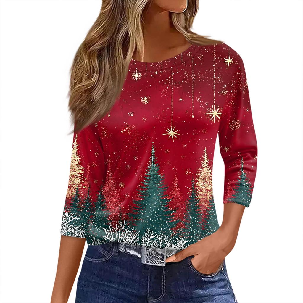 Women's T Shirt Christmas Print 3/4 Sleeve Daily Weekend Fashion Basic Round Neck Regular Top